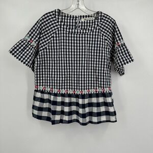 Womens Cottagecore Gingham Peplum Top Size M Picnic Farmhouse Navy Bell Sleeves